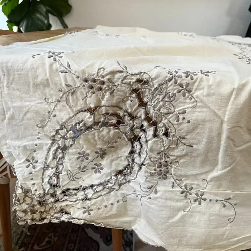 Vintage Ivory Linen Tablecloth 78” X 61” Floral Cutwork Madeira Embroidery